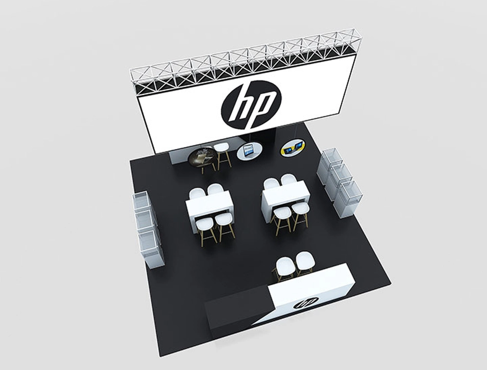 Trade show booth with counters and product showcase